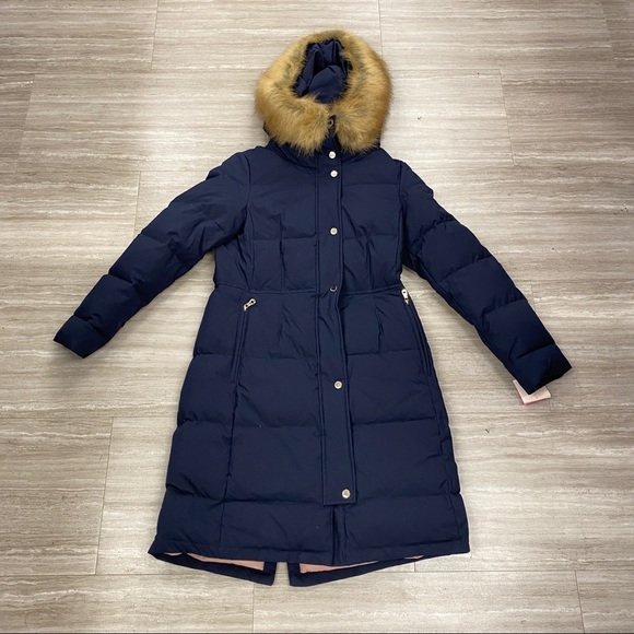 NWT Kate Spade Women’s M Blue Long Parka Down Coat with Fur Trimmed Hood